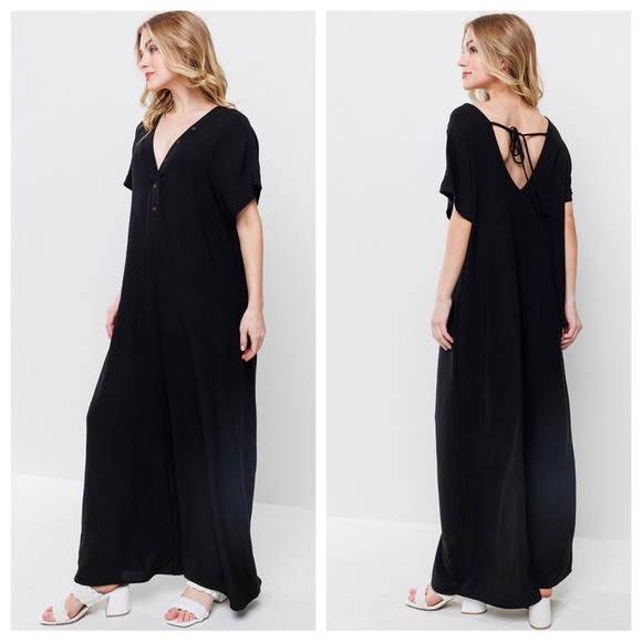 🥰 Boho Fabulous Short Sleeve Wide Leg Button Front Jumpsuit - Picture 4 of 4